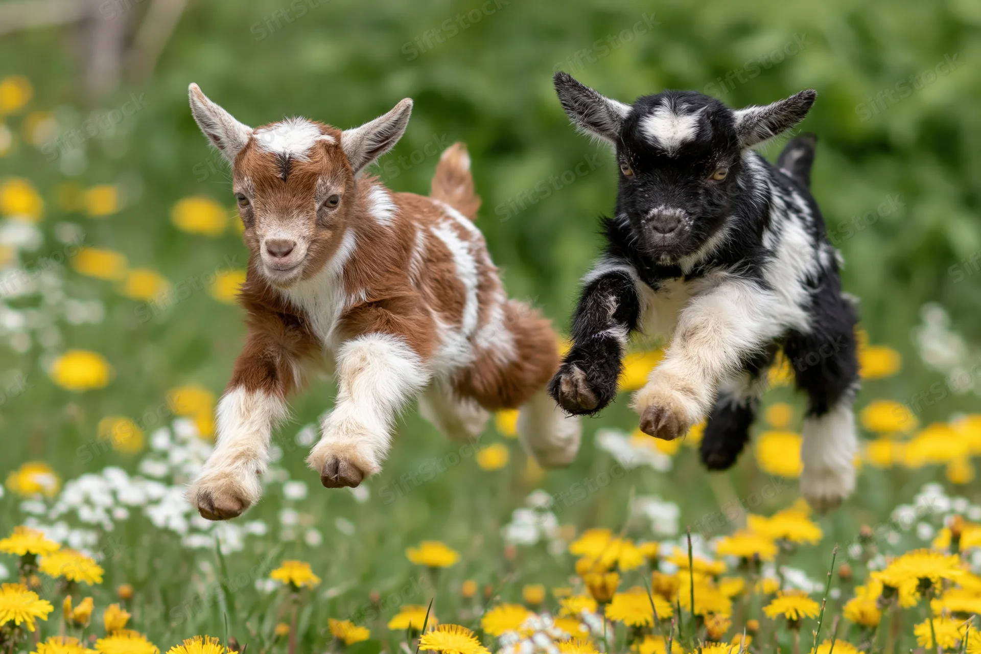 Two baby goats mid-leap in a flower-filled field