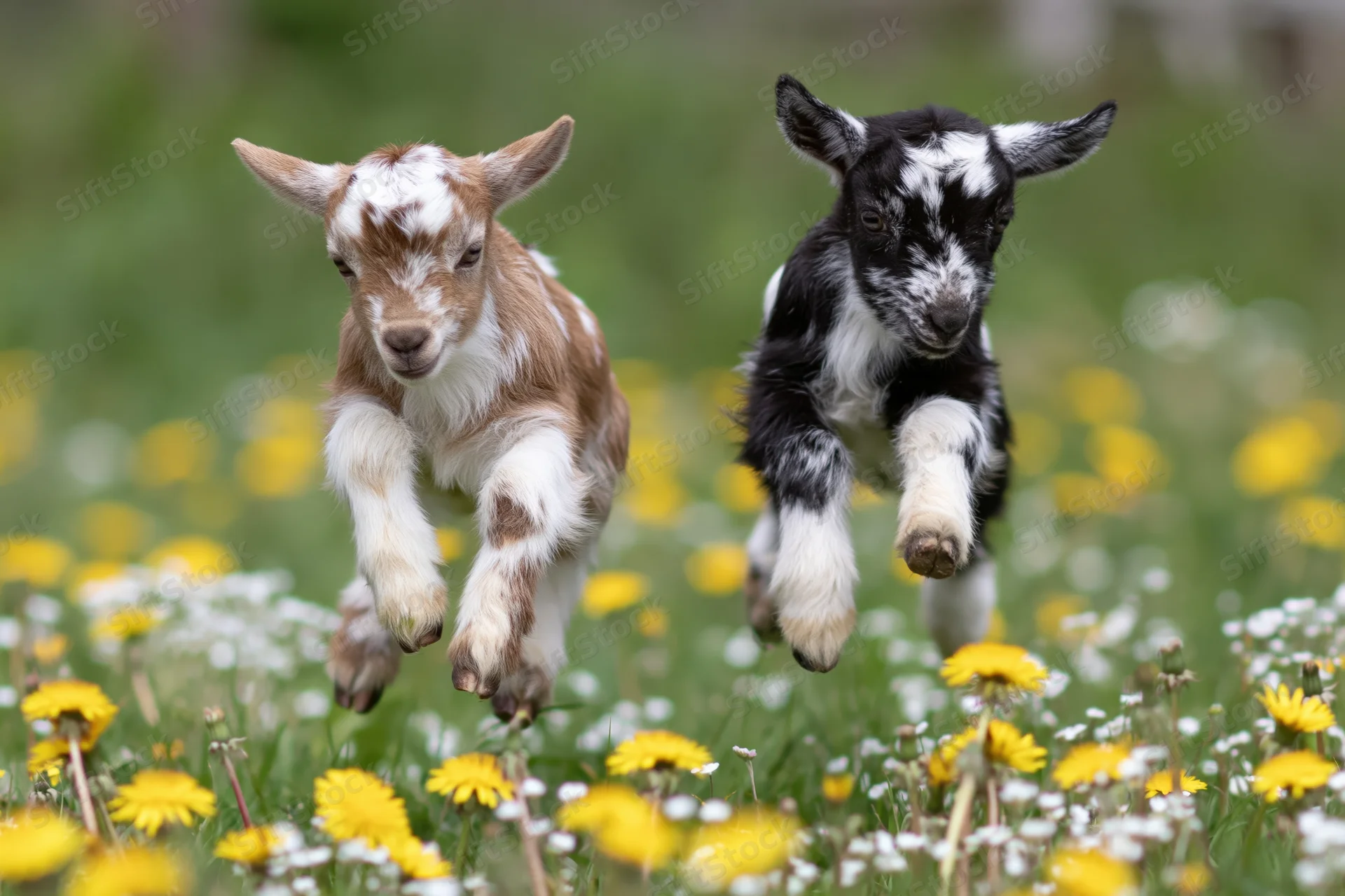Two baby goats mid-leap in a grassy field with yellow flowers