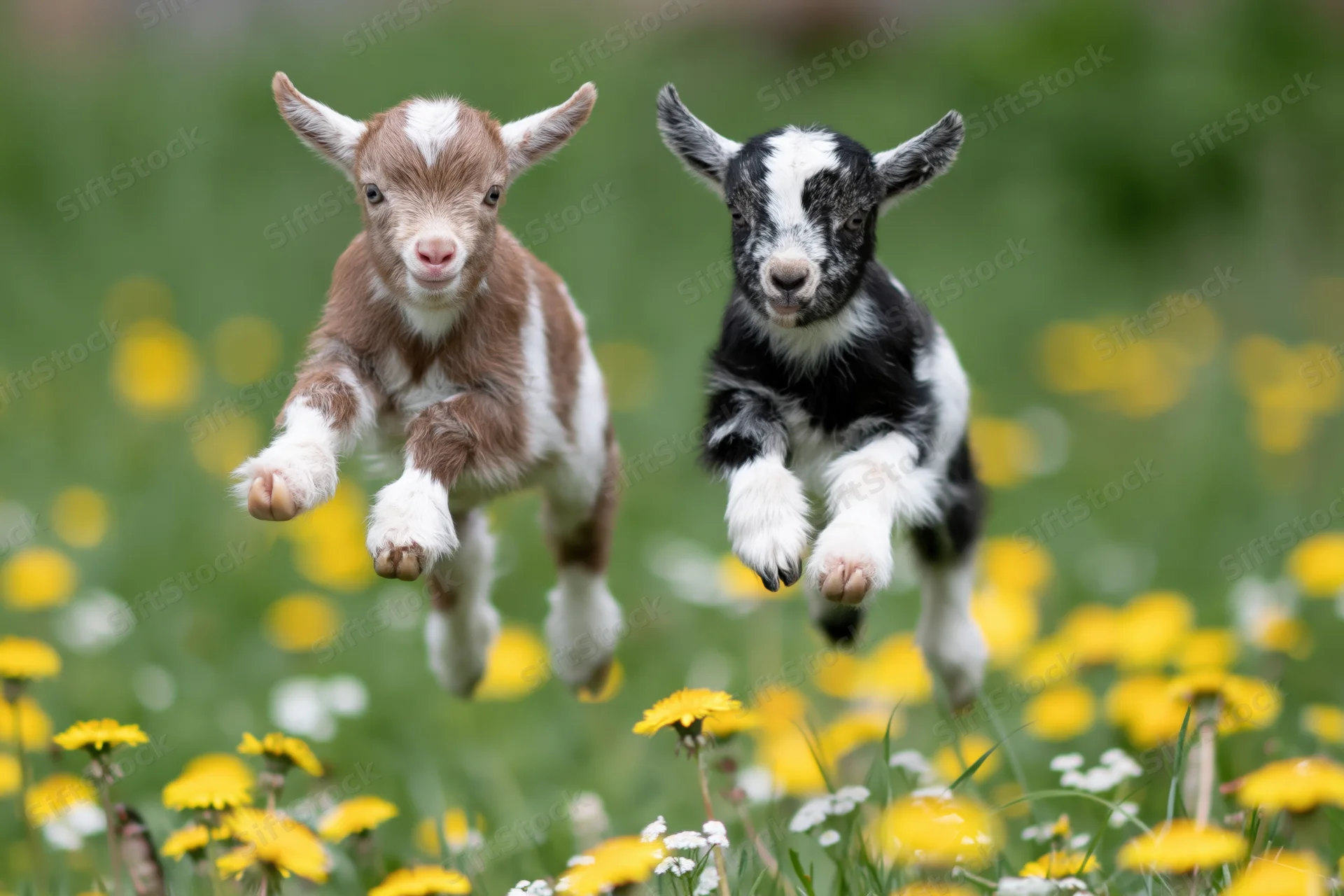 Two baby goats mid-leap in a grassy field with yellow flowers