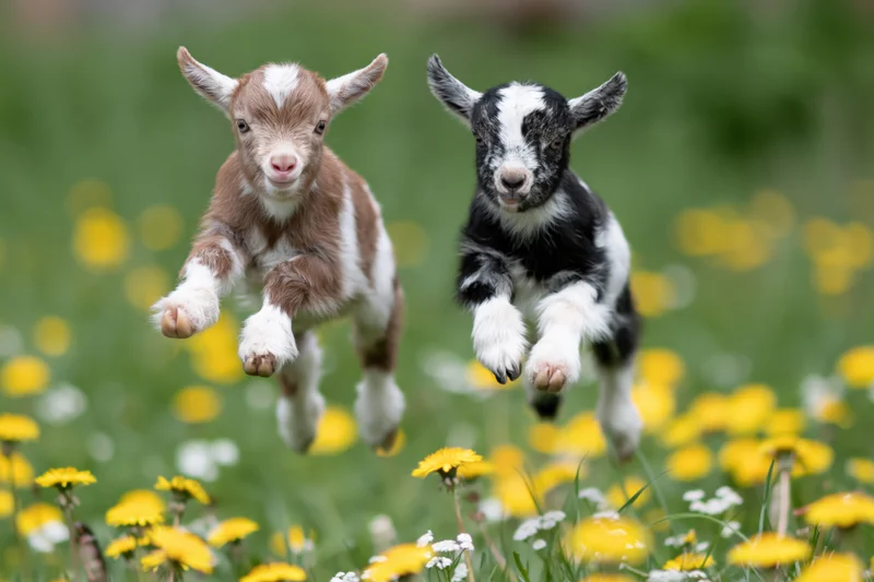 Two baby goats mid-leap in a grassy field with yellow flowers