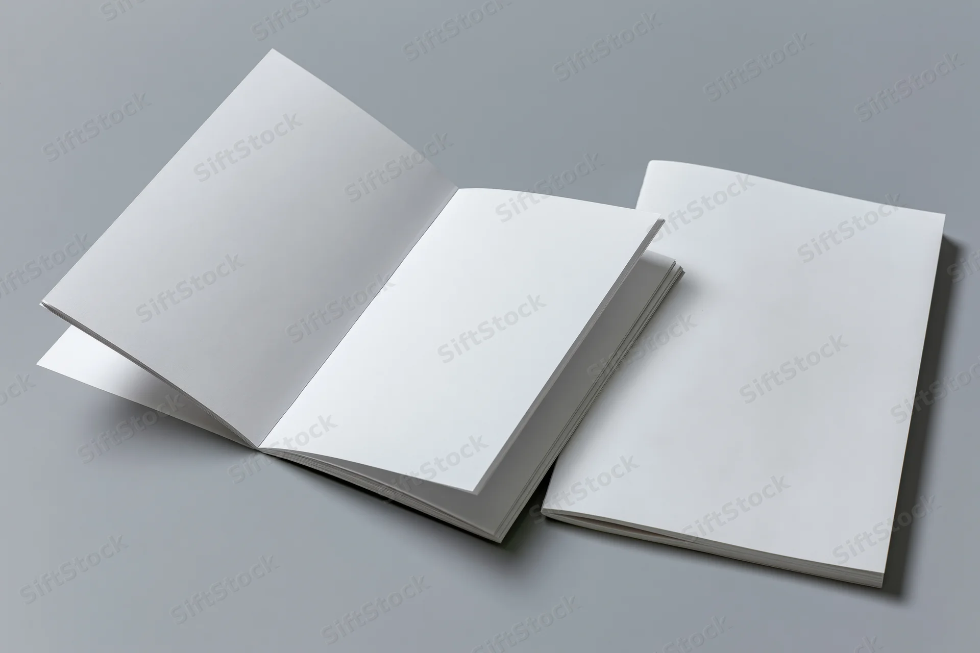 Two blank white magazines one open flat and one closed on gray surface