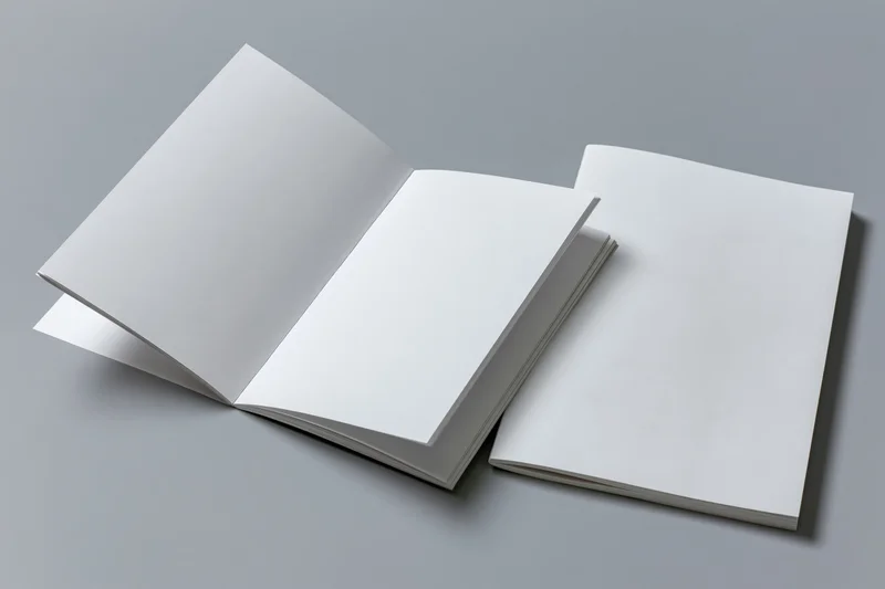 Two blank white magazines one open flat and one closed on gray surface