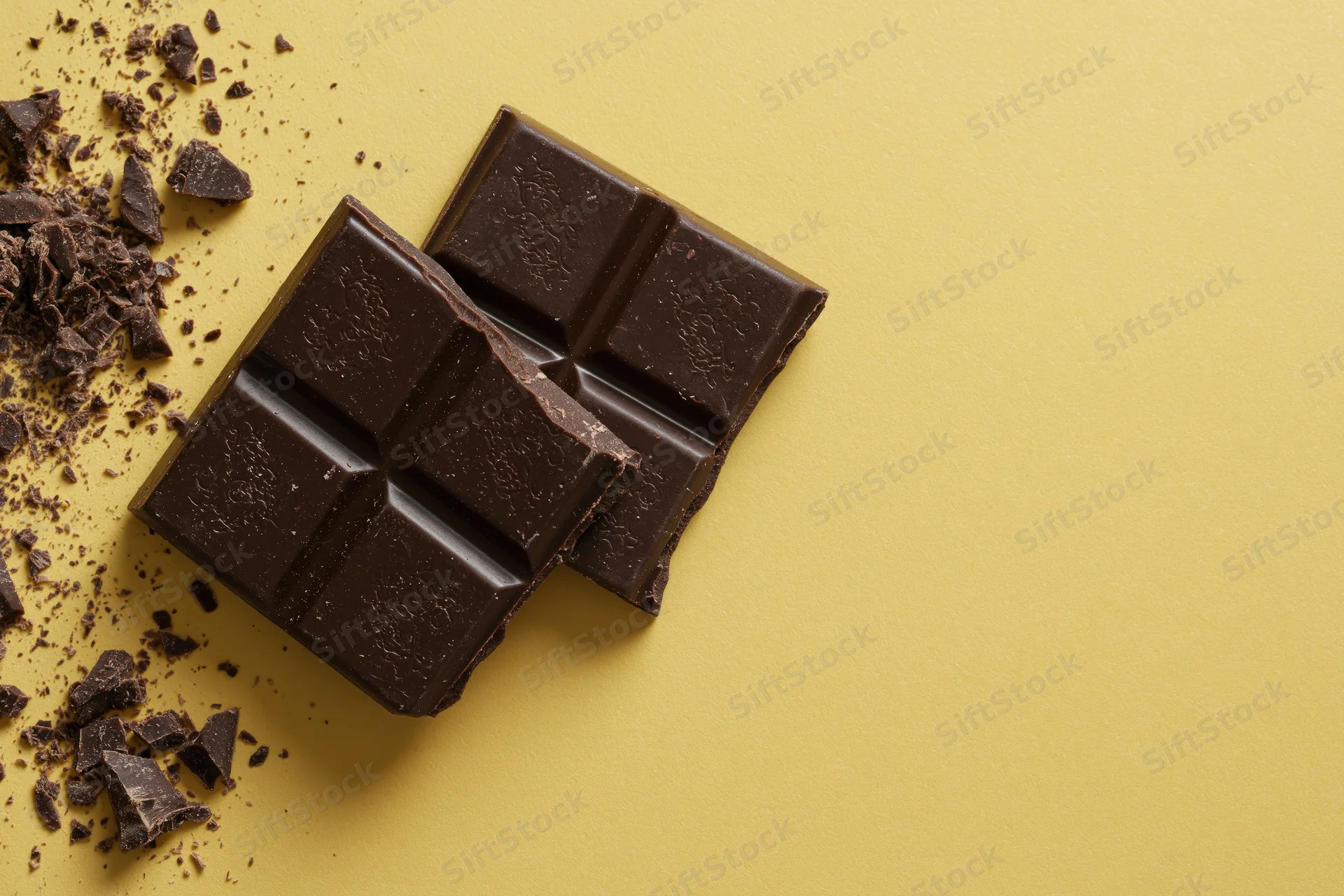Broken dark chocolate bar pieces on yellow background with crumbs scattered around