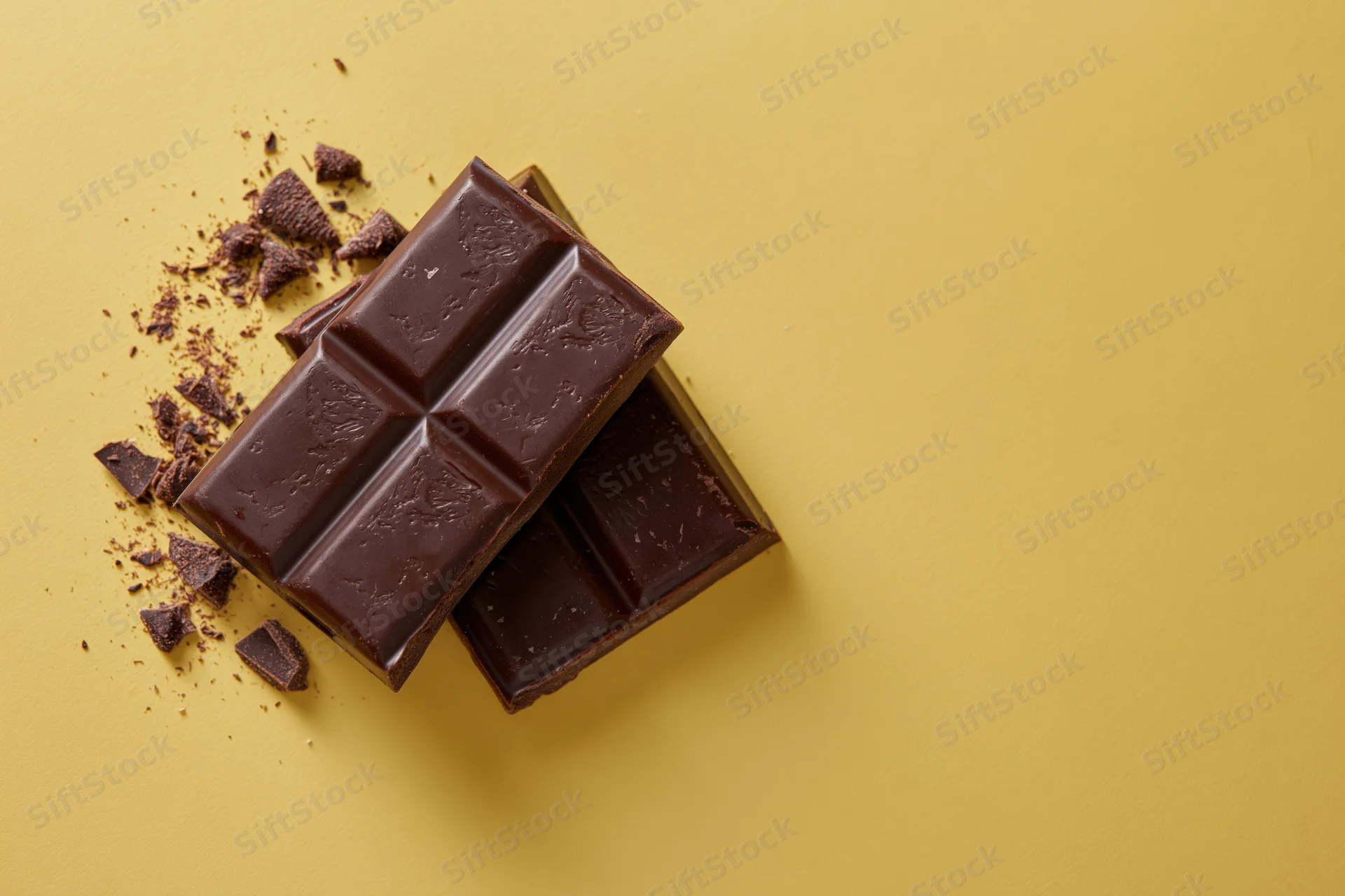 Broken dark chocolate bars and crumbs arranged on a flat yellow surface