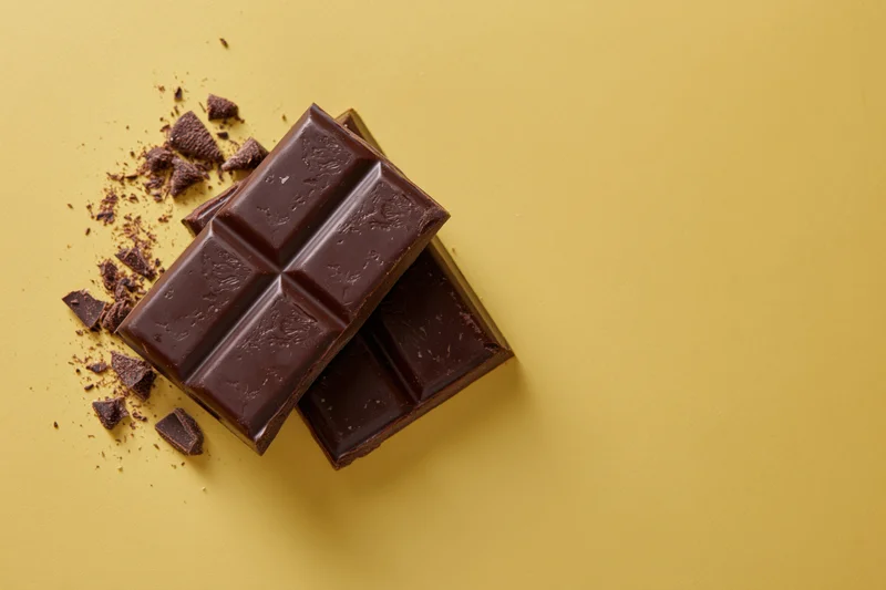 Broken dark chocolate bars and crumbs arranged on a flat yellow surface