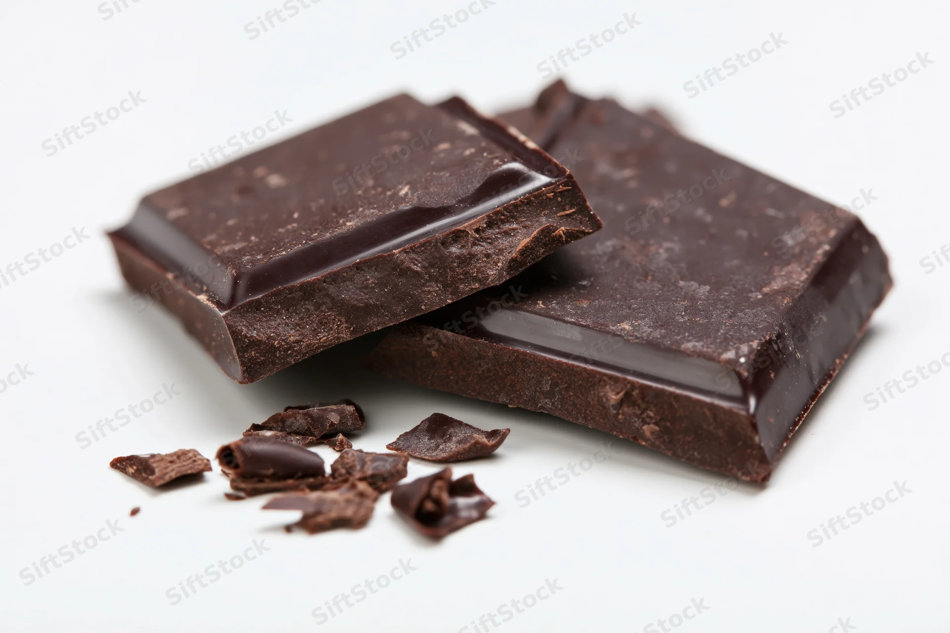 Broken dark chocolate bar pieces resting on white surface