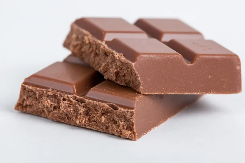 Broken pieces of milk chocolate bar stacked on white background