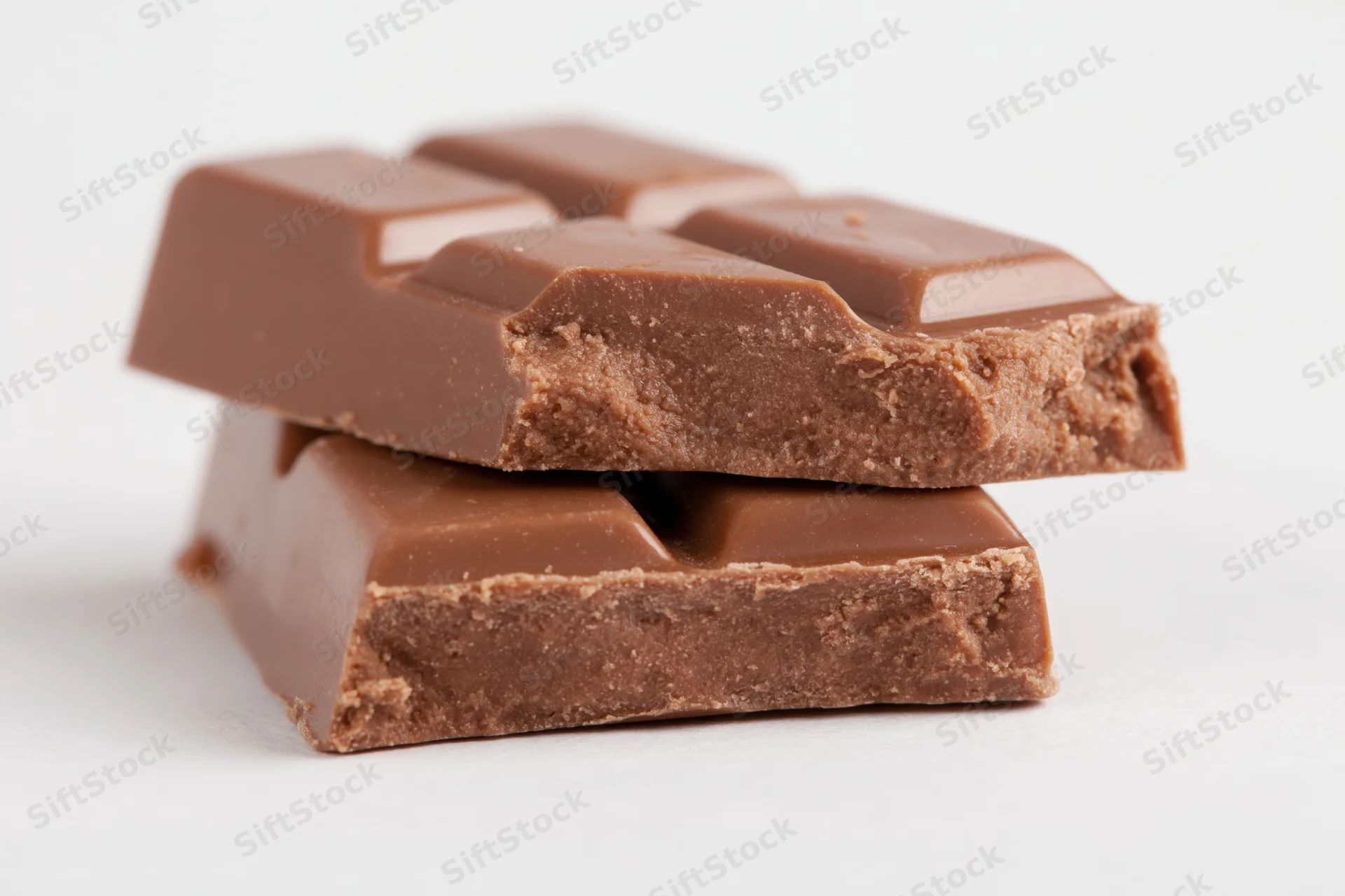 Two broken pieces of milk chocolate bar stacked on a white surface