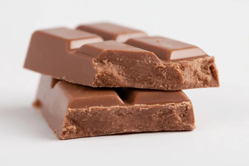 Two broken pieces of milk chocolate bar stacked on a white surface