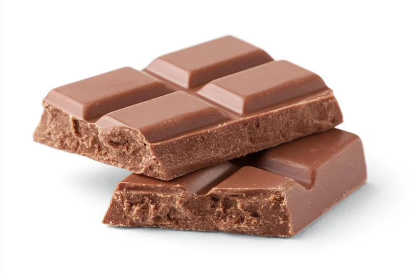 Two broken pieces of milk chocolate bar stacked at a slight angle on white background
