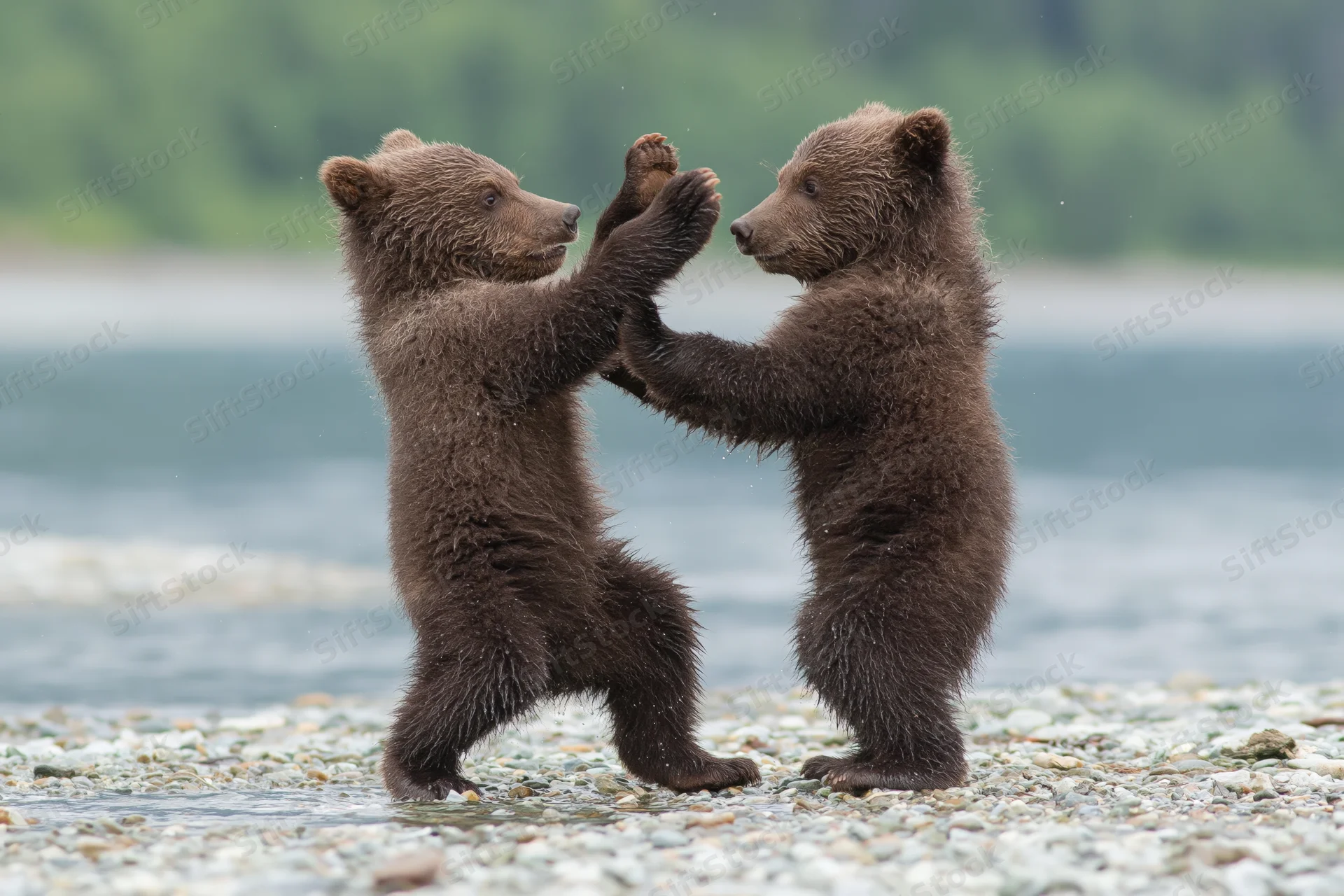 Two brown bear cubs play-fighting on a rocky riverbank near water