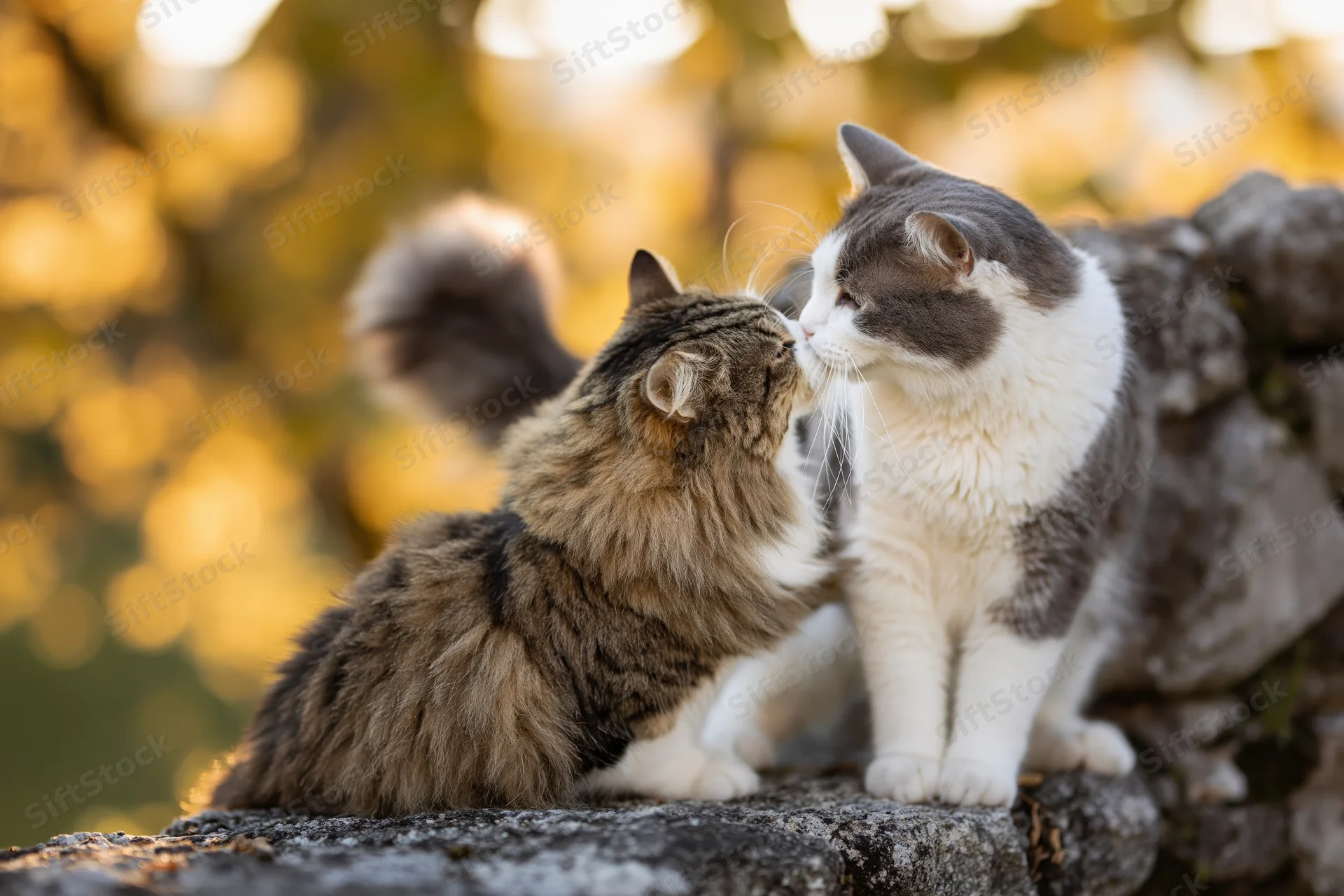 Two cats nuzzling on a weathered stone wall outdoors