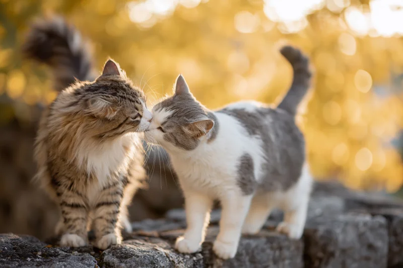 Two cats nuzzling on a weathered stone wall outdoors