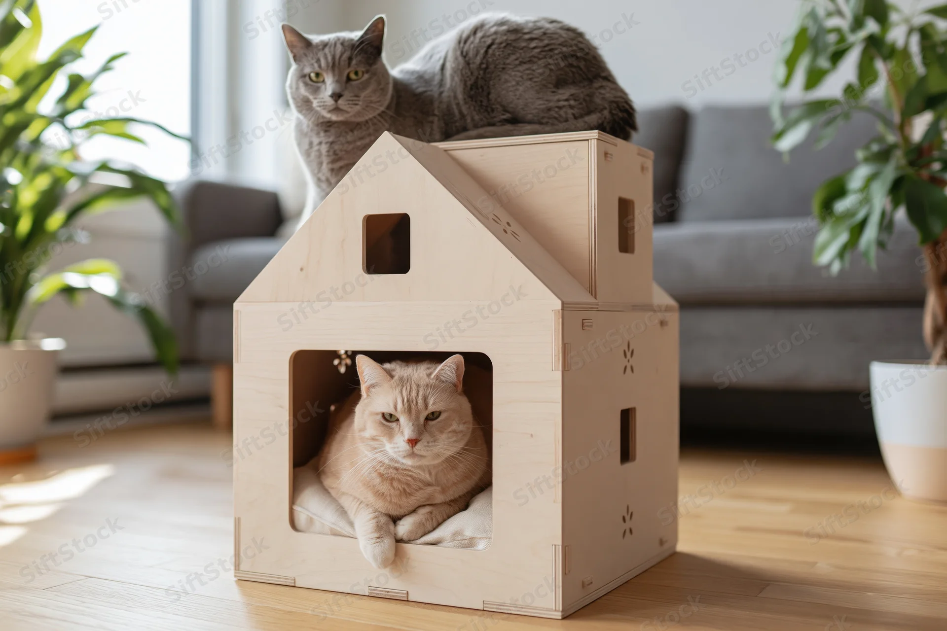 Two cats resting in and on a wooden house-shaped pet furniture piece in a living room