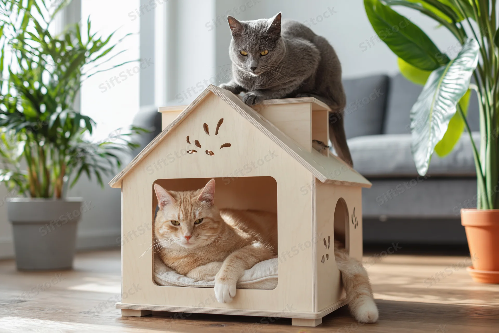 Two cats using a wooden house-shaped pet furniture piece indoors