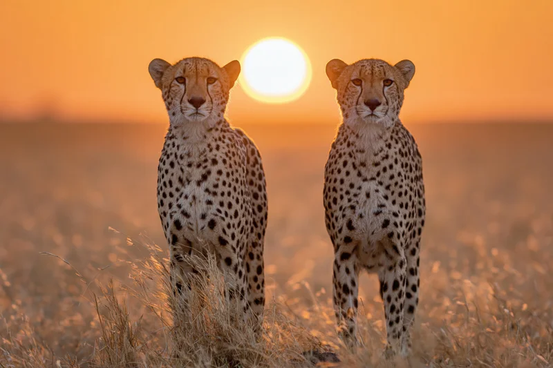 Two cheetahs standing alert side by side in open savanna grass at sunset