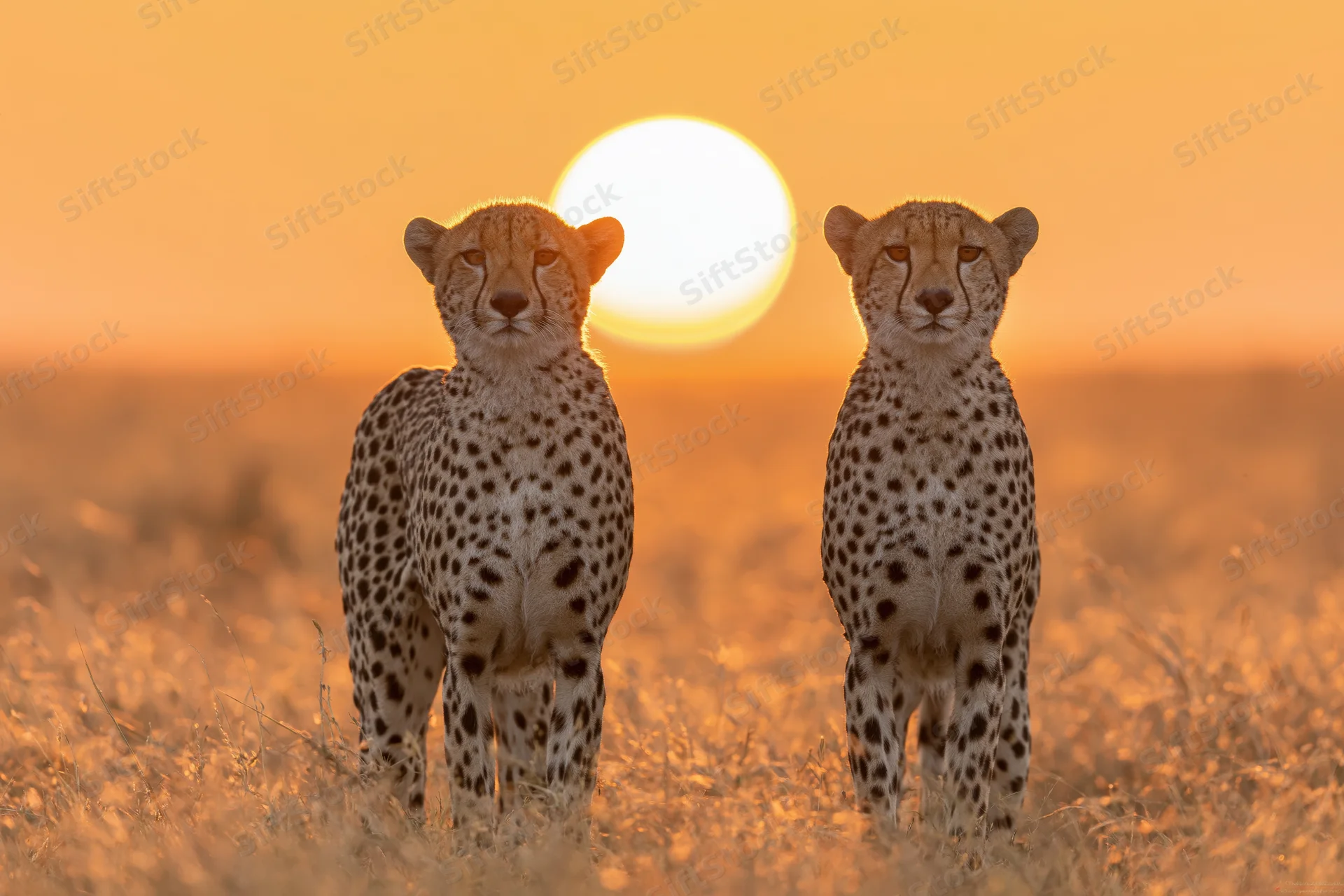 Two cheetahs standing alert side by side in open savanna grass at sunset