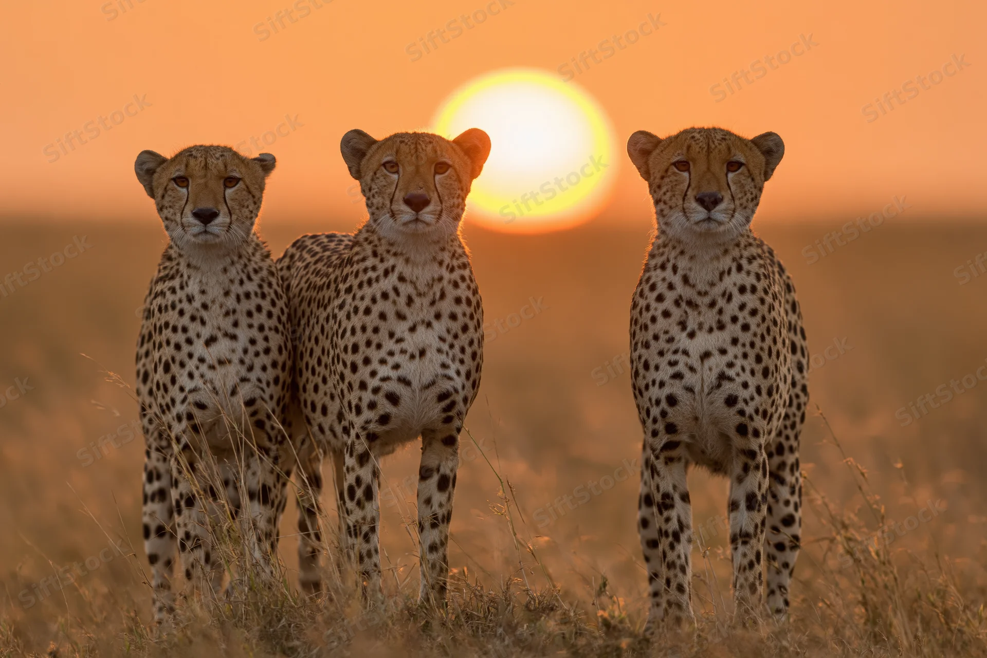 Three cheetahs standing alert in savanna at sunset