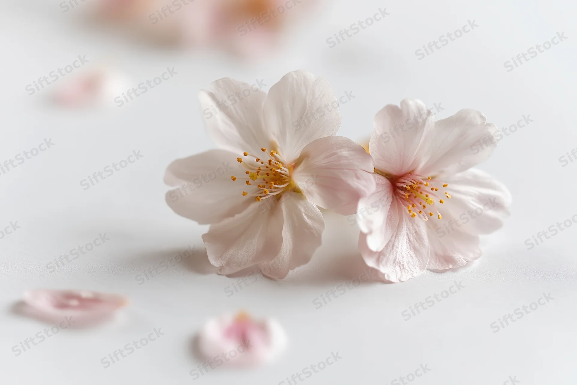 Two cherry blossom flowers resting together on a white surface with scattered petals