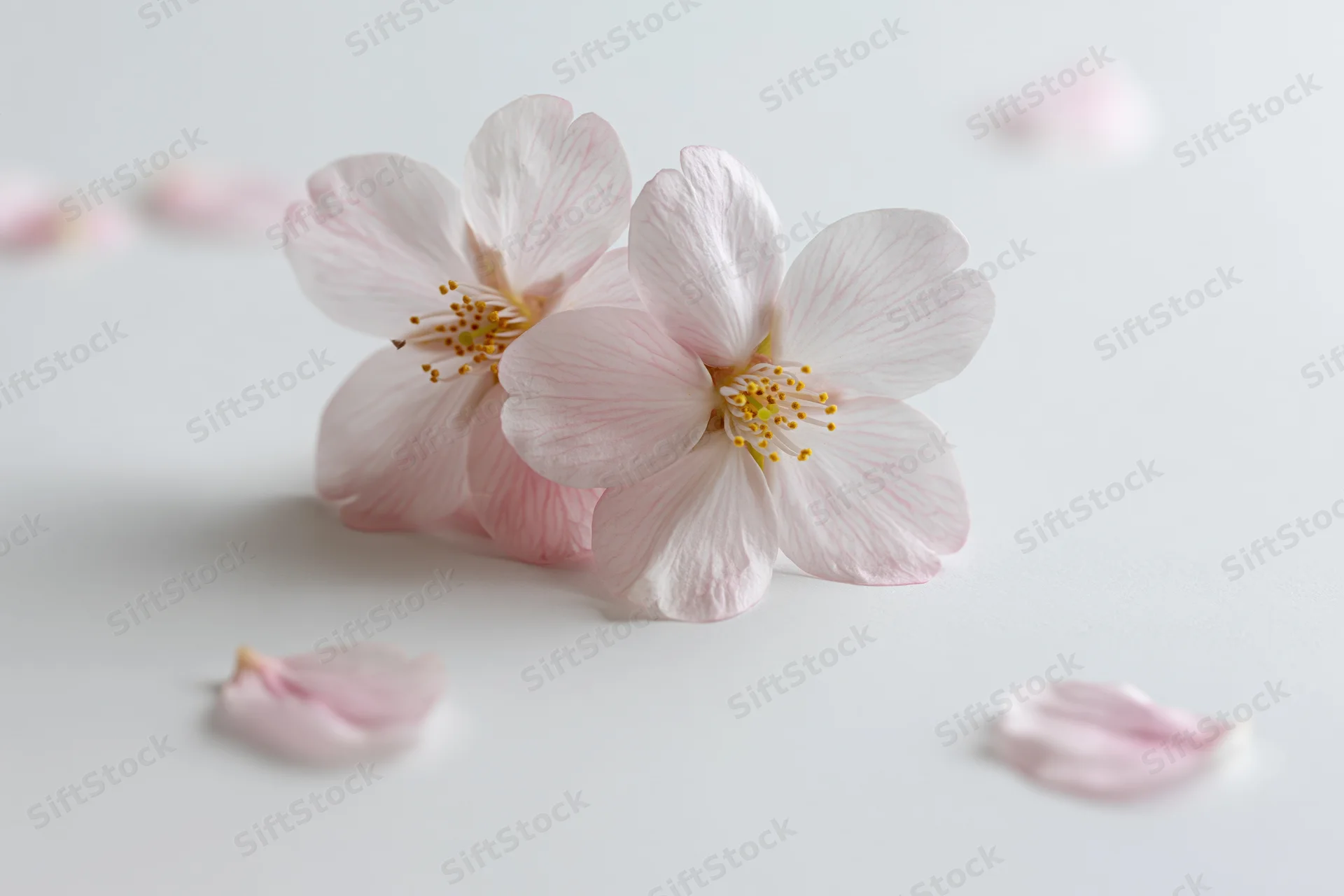 Two cherry blossom flowers resting together on a white surface with scattered petals
