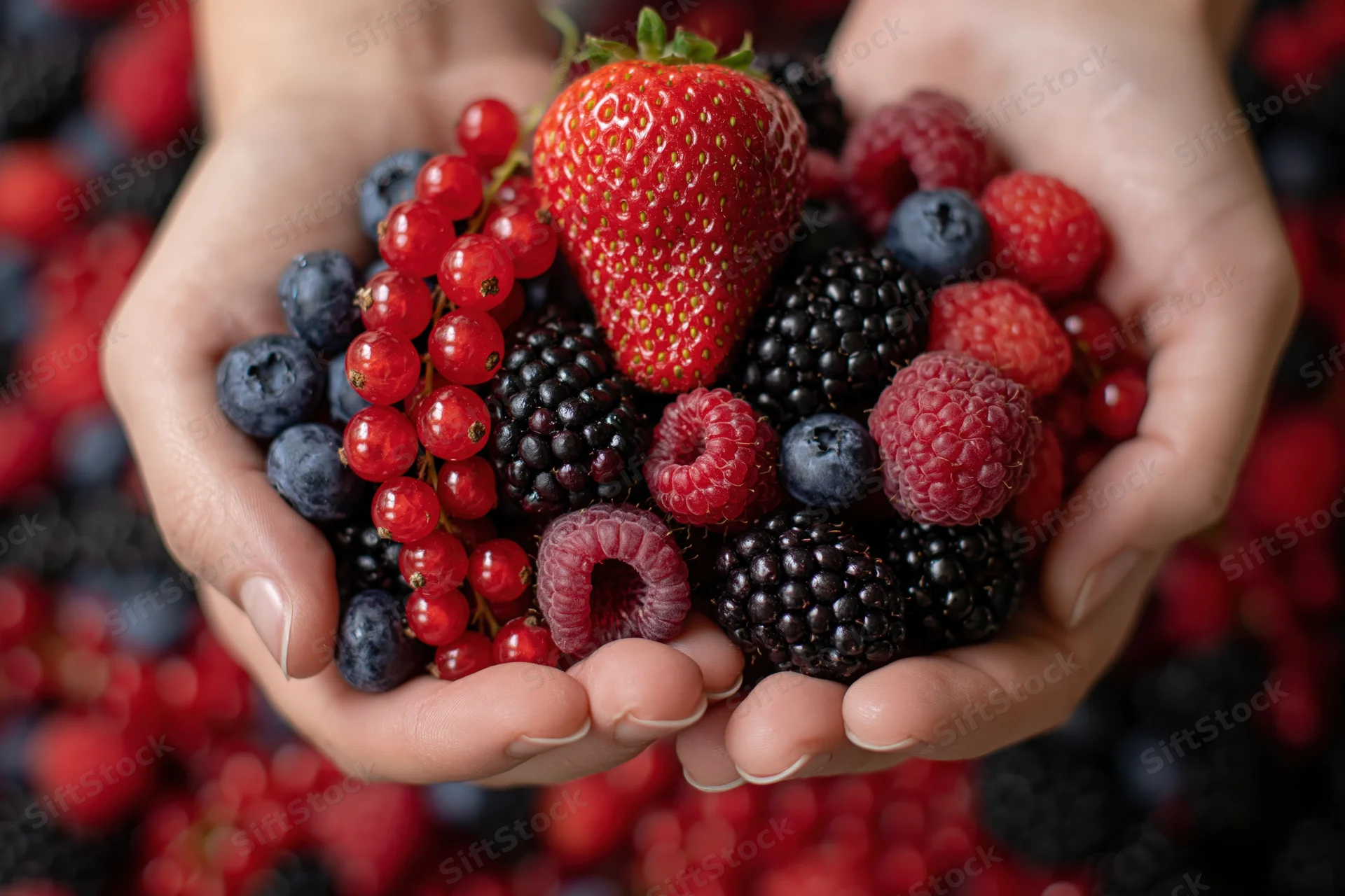 Cupped hands holding a mix of fresh strawberries, blueberries, raspberries, blackberries, and redcurrants against a blurred berry background
