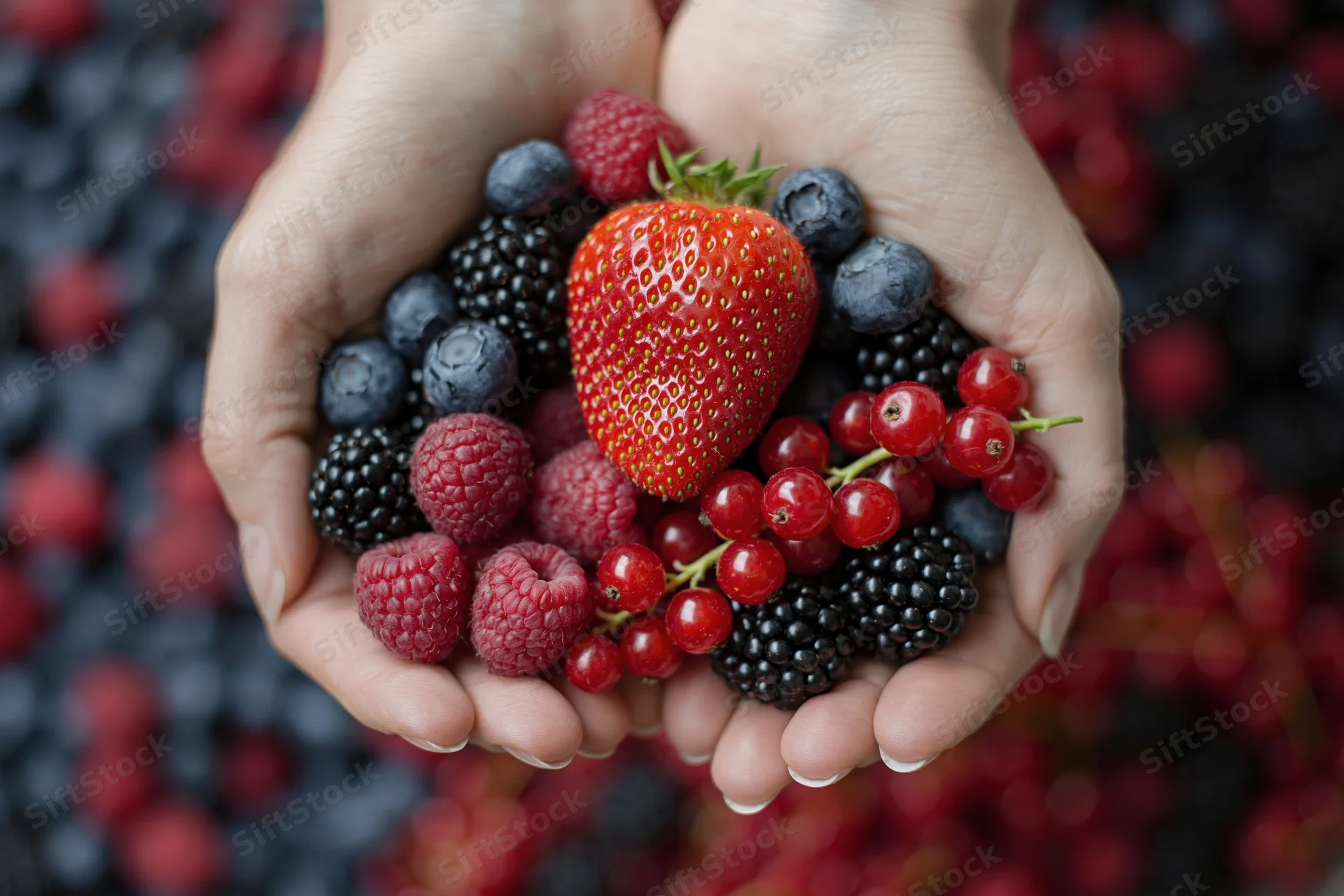 Hands cupped together holding a mix of fresh strawberries, blueberries, raspberries, blackberries and redcurrants over a blurred background of more berries