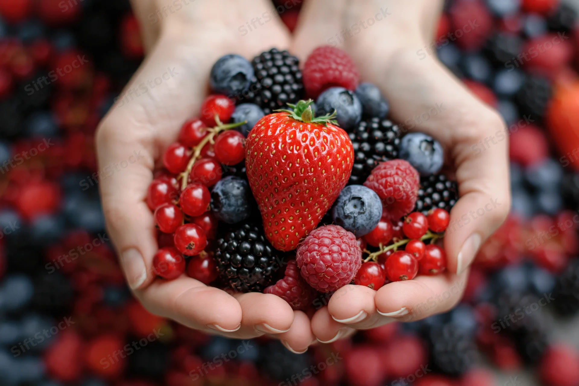 Cupped hands holding a mix of fresh berries including strawberry, blueberry, raspberry, blackberry, and redcurrant against a blurred background of more berries