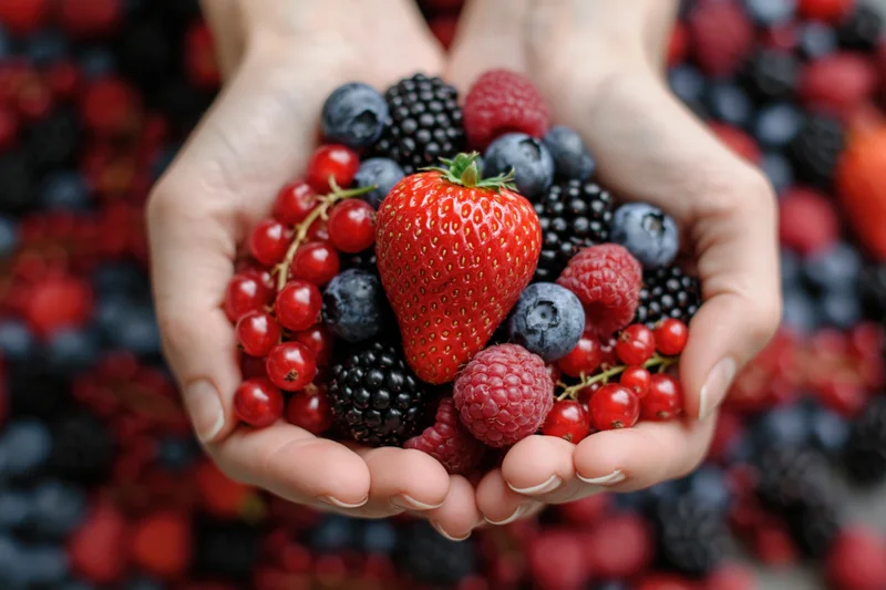 Cupped hands holding a mix of fresh berries including strawberry, blueberry, raspberry, blackberry, and redcurrant against a blurred background of more berries