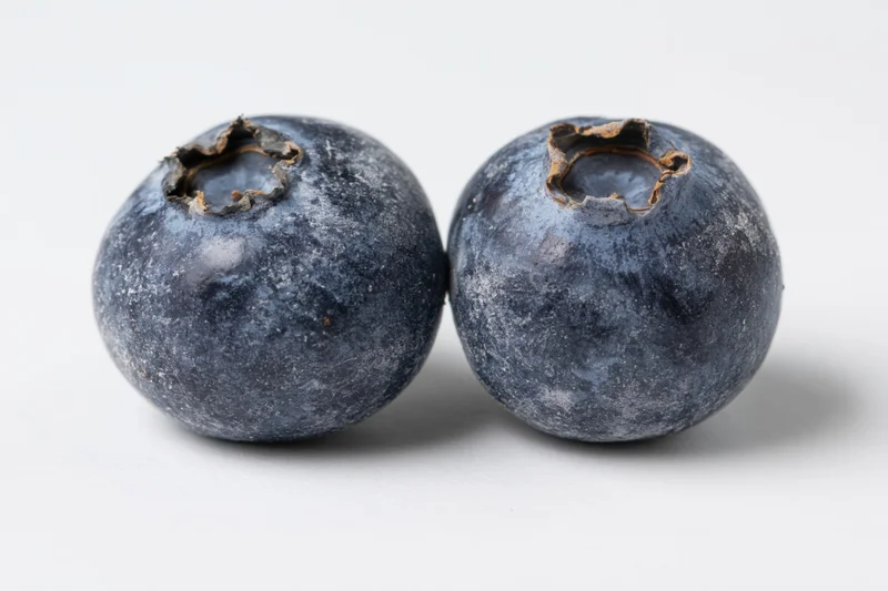 Two fresh blueberries side by side on a white background
