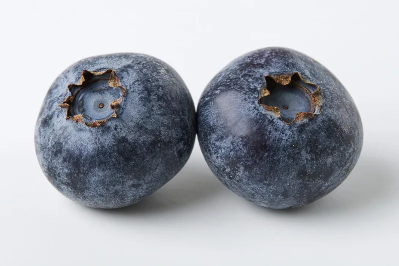 Two fresh blueberries side by side on a white background