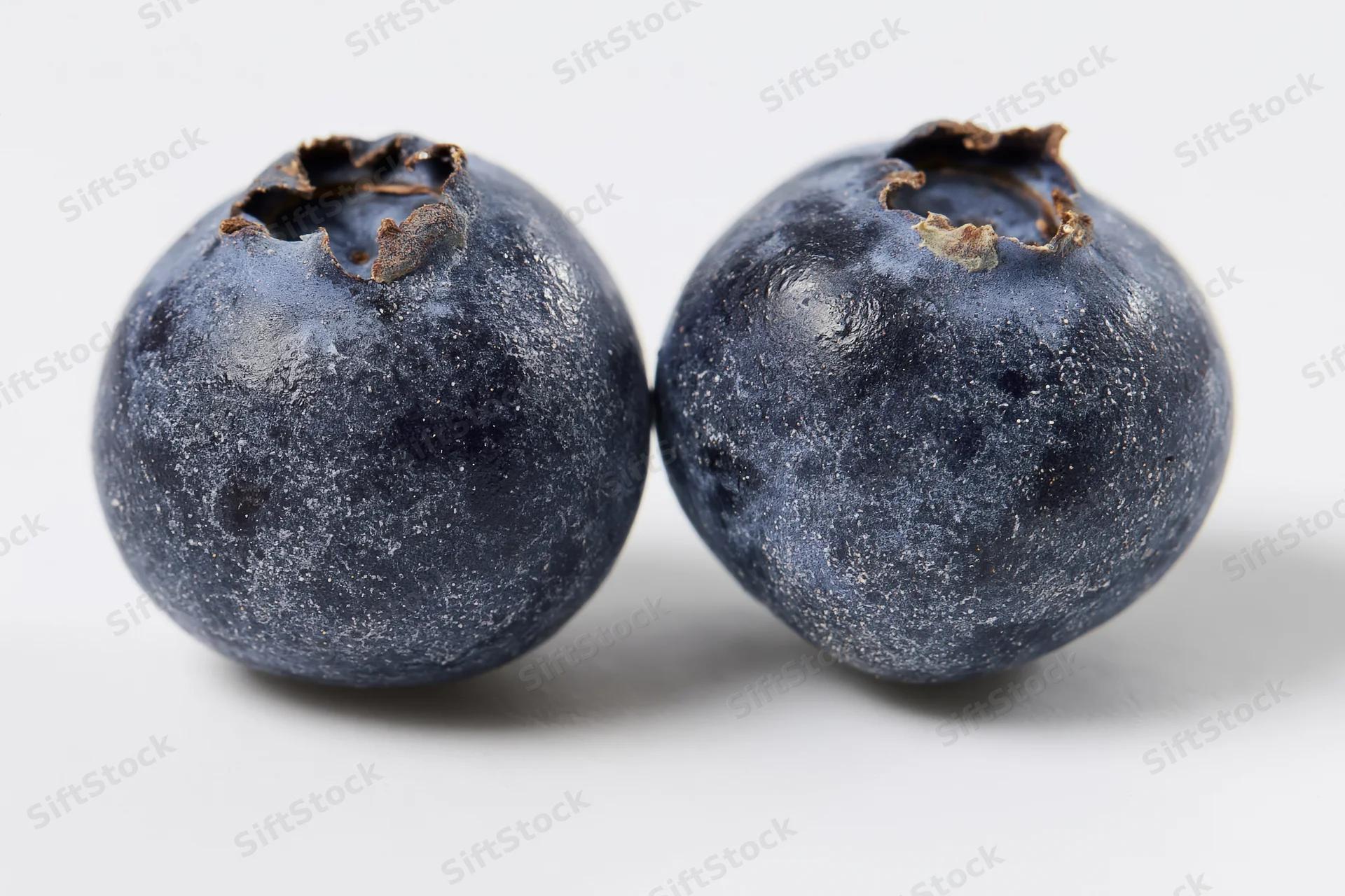 Two fresh blueberries side by side on a white background