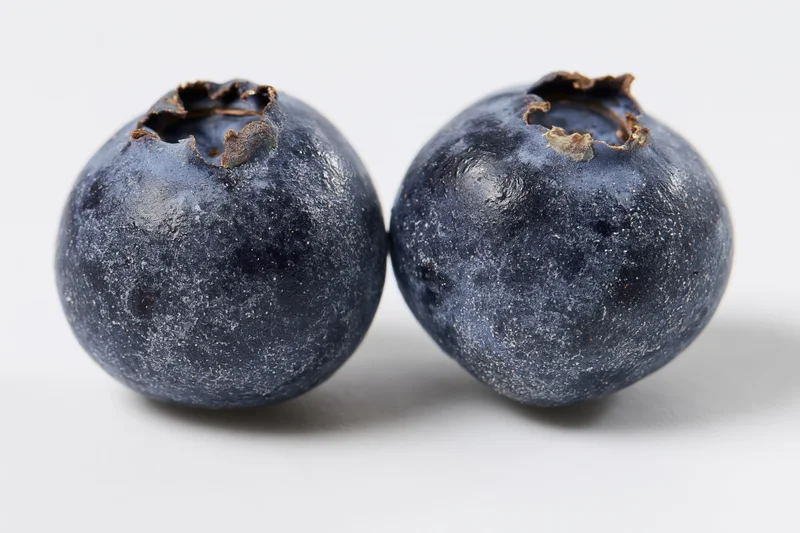 Two fresh blueberries side by side on a white background