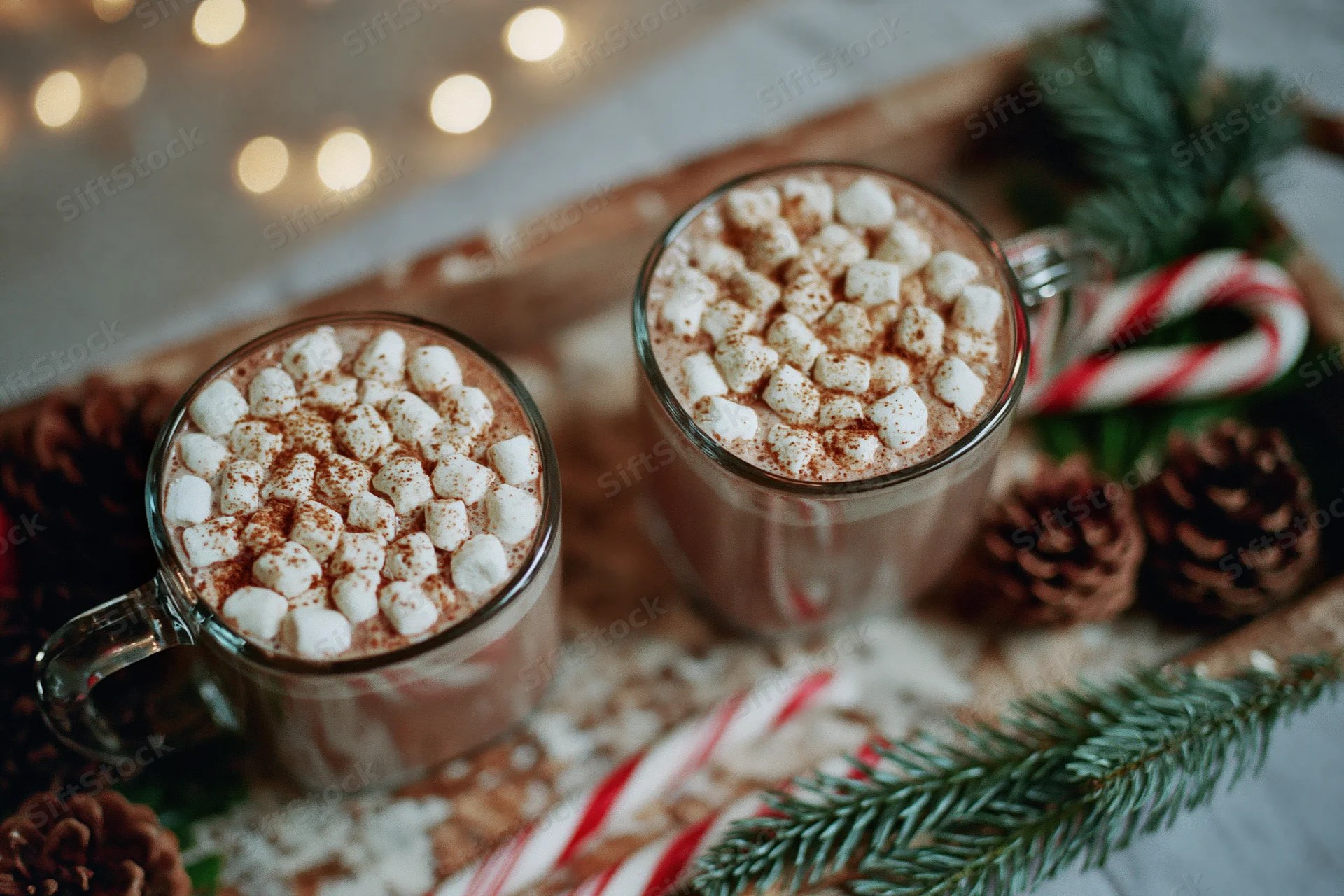 Two glass mugs of hot cocoa topped with mini marshmallows and cinnamon on a wooden tray with pinecones and candy canes for christmas