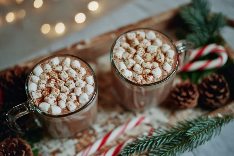 Two glass mugs of hot cocoa topped with mini marshmallows and cinnamon on a wooden tray with pinecones and candy canes for christmas