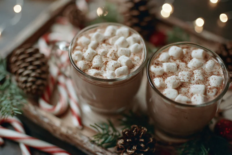 Two glass mugs of hot cocoa topped with mini marshmallows and cinnamon powder on a wooden tray with pinecones and candy canes
