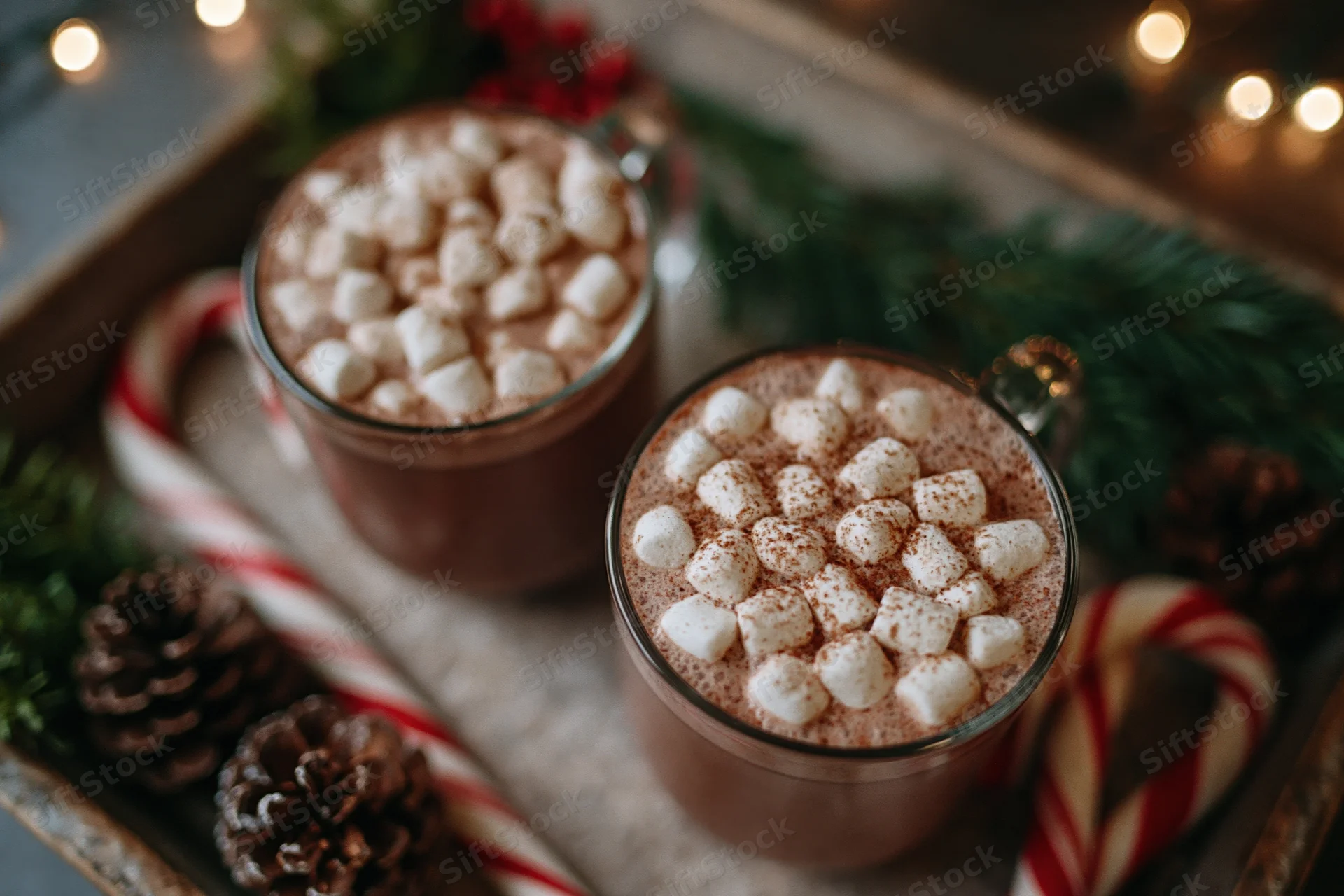 Two glass mugs of hot cocoa topped with mini marshmallows and cinnamon on a tray with candy canes and pinecones