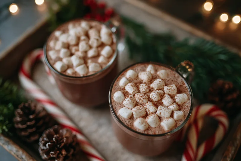Two glass mugs of hot cocoa topped with mini marshmallows and cinnamon on a tray with candy canes and pinecones