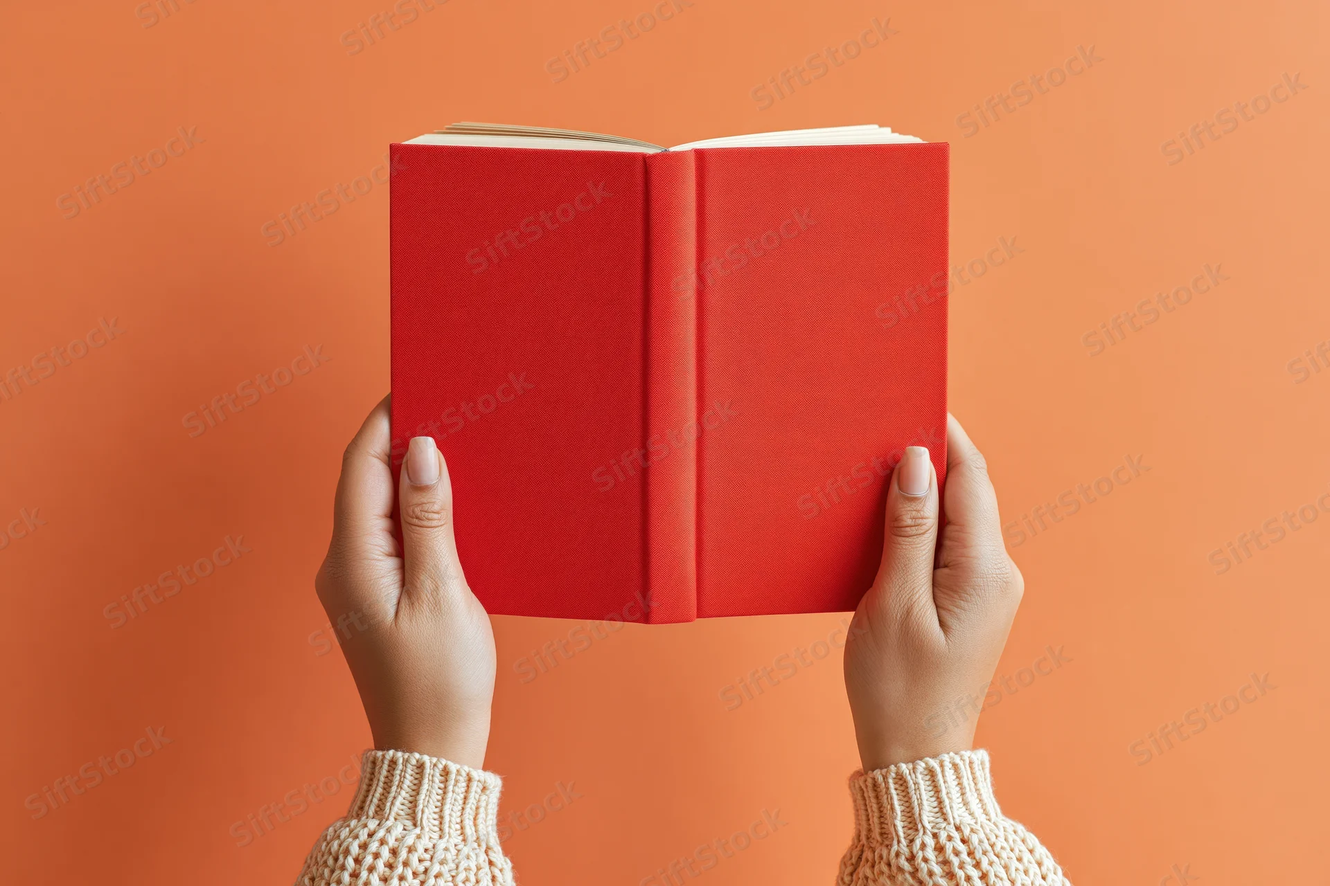 Hands holding open red hardcover book against orange background
