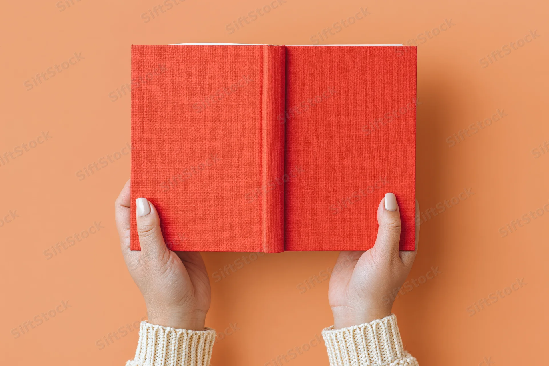 Hands holding open red hardcover book against orange background