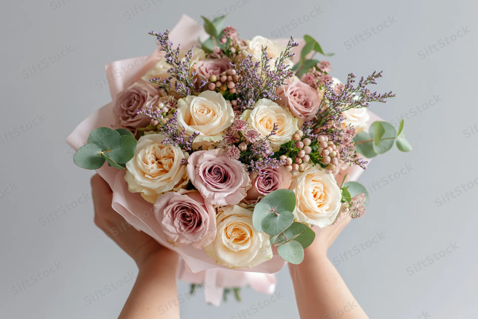 Hands holding a mixed bouquet of roses and eucalyptus wrapped in pink paper against a light gray background