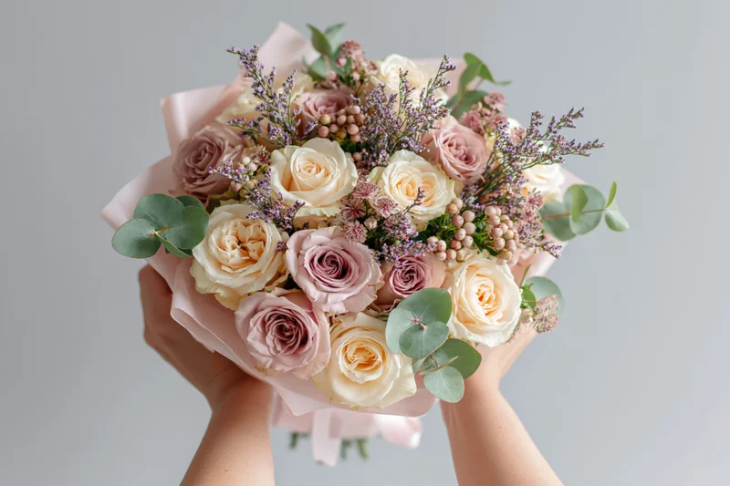 Hands holding a mixed bouquet of roses and eucalyptus wrapped in pink paper against a light gray background