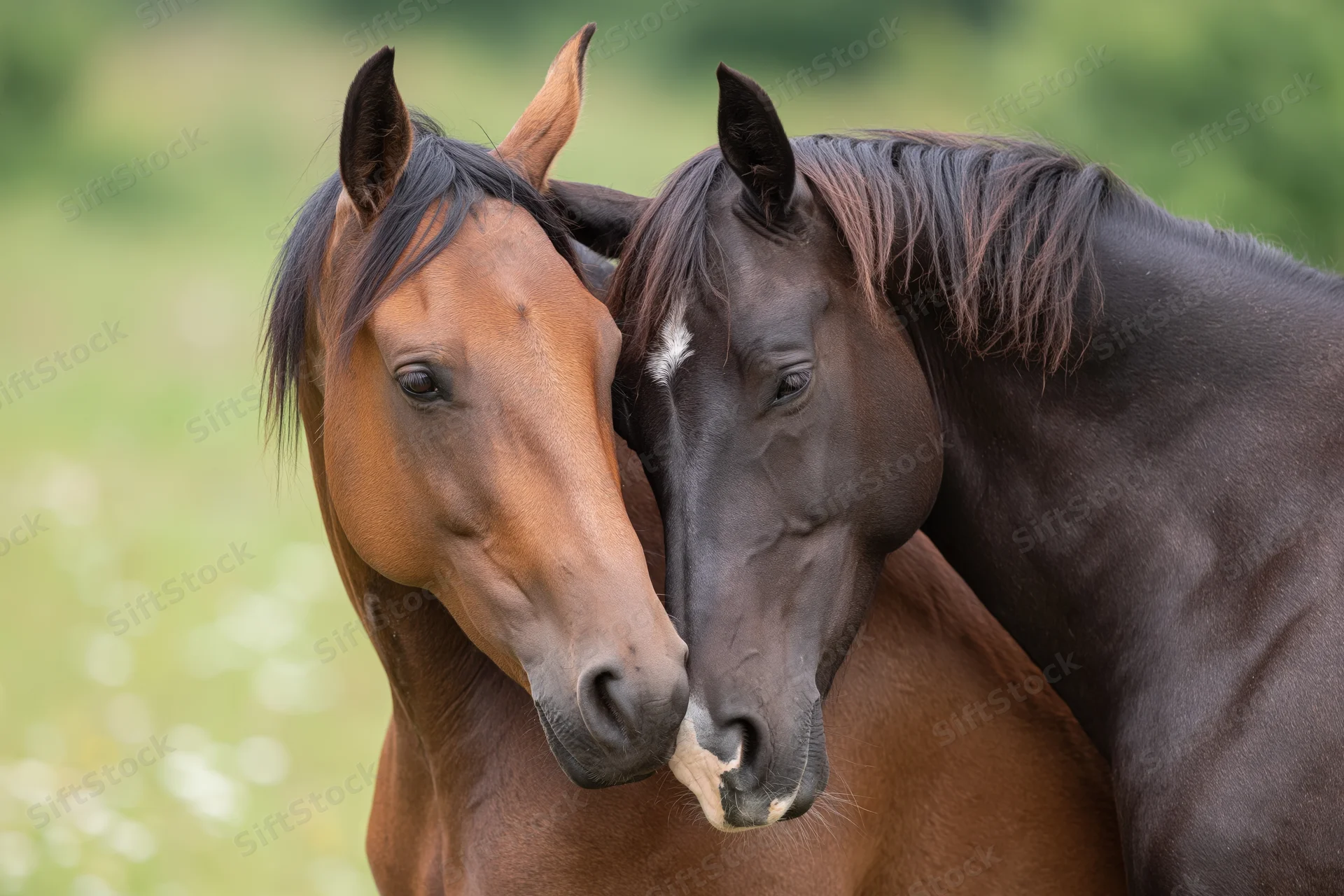 Two horses nuzzling each other in a grassy field