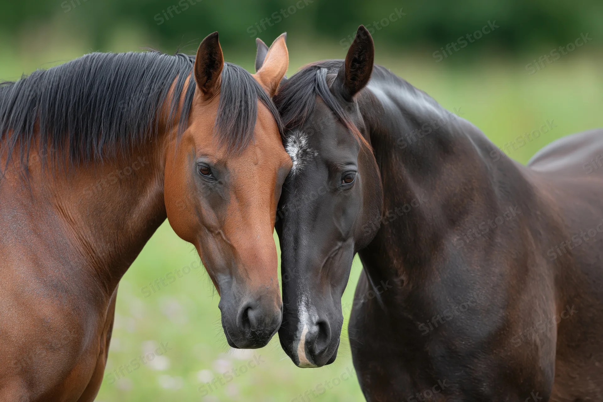 Two horses standing close together in a grassy field, heads touching, one bay and one dark brown