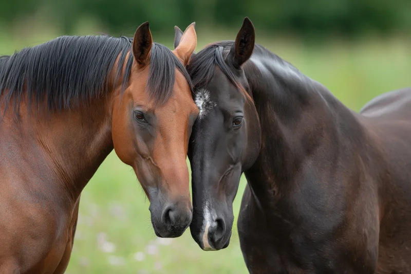 Two horses standing close together in a grassy field, heads touching, one bay and one dark brown