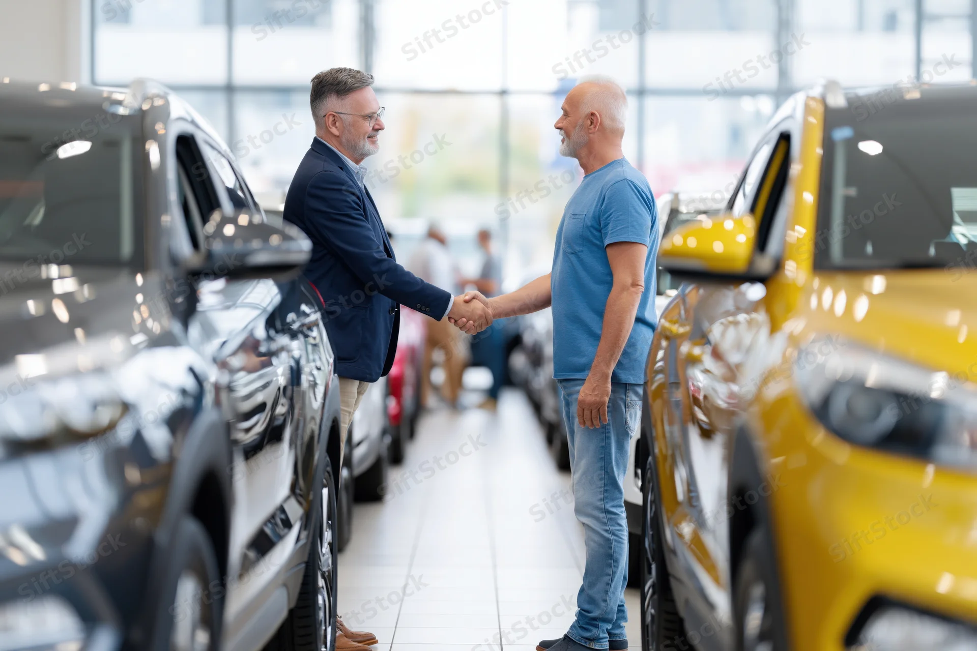 Two men shaking hands in a car dealership showroom between vehicles