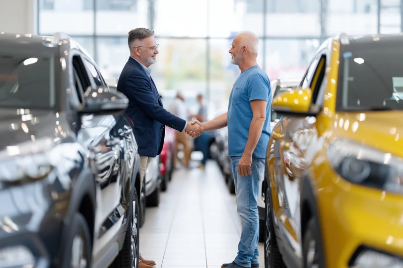 Two men shaking hands in a car dealership showroom between vehicles