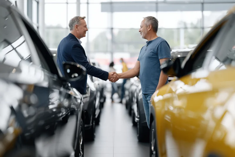 Two men shaking hands in a car dealership showroom between vehicles