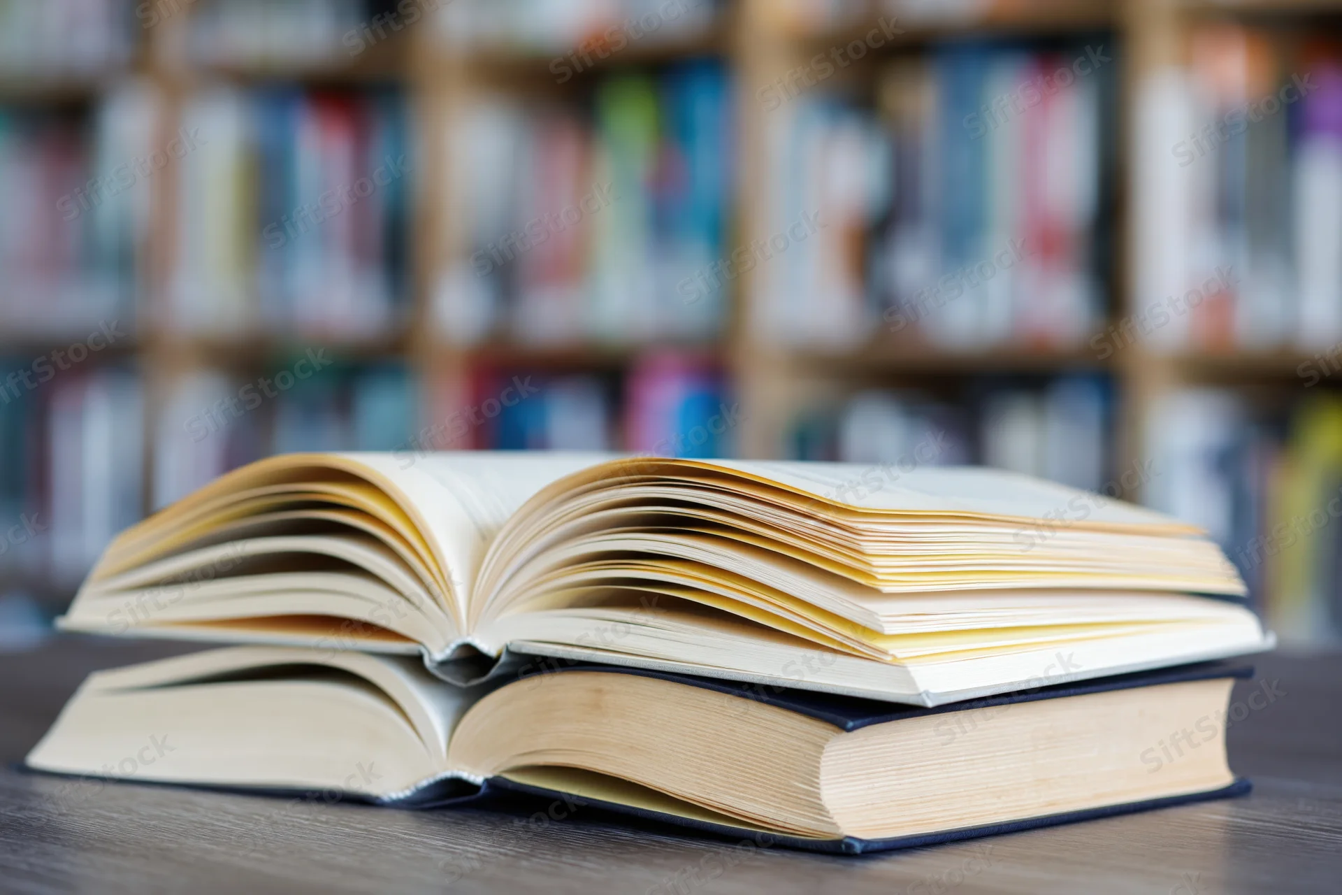 Two open hardcover books stacked on a dark wooden table in a library with blurred bookshelves in the background