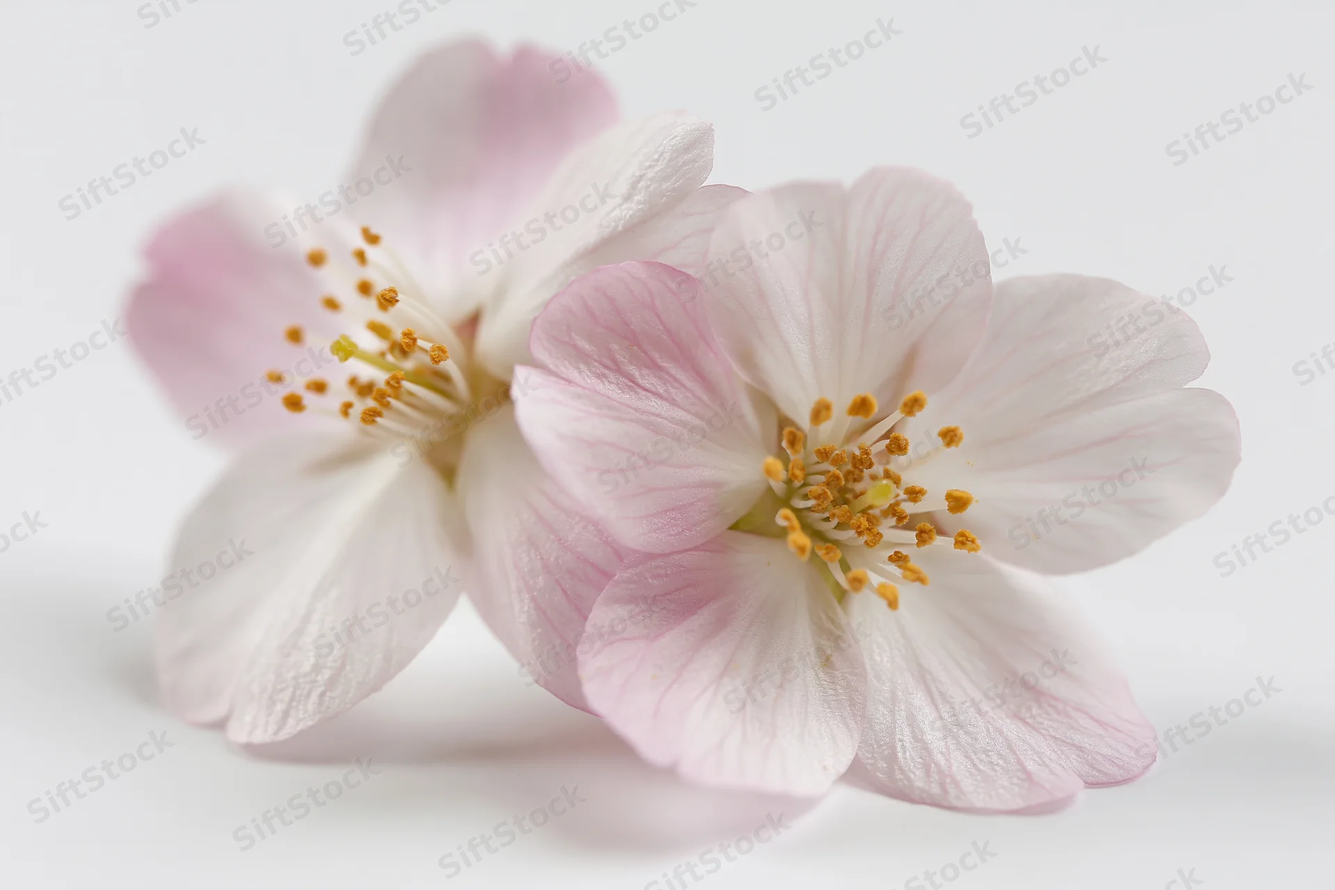 Two pale pink cherry blossom flowers with golden stamens on a white background