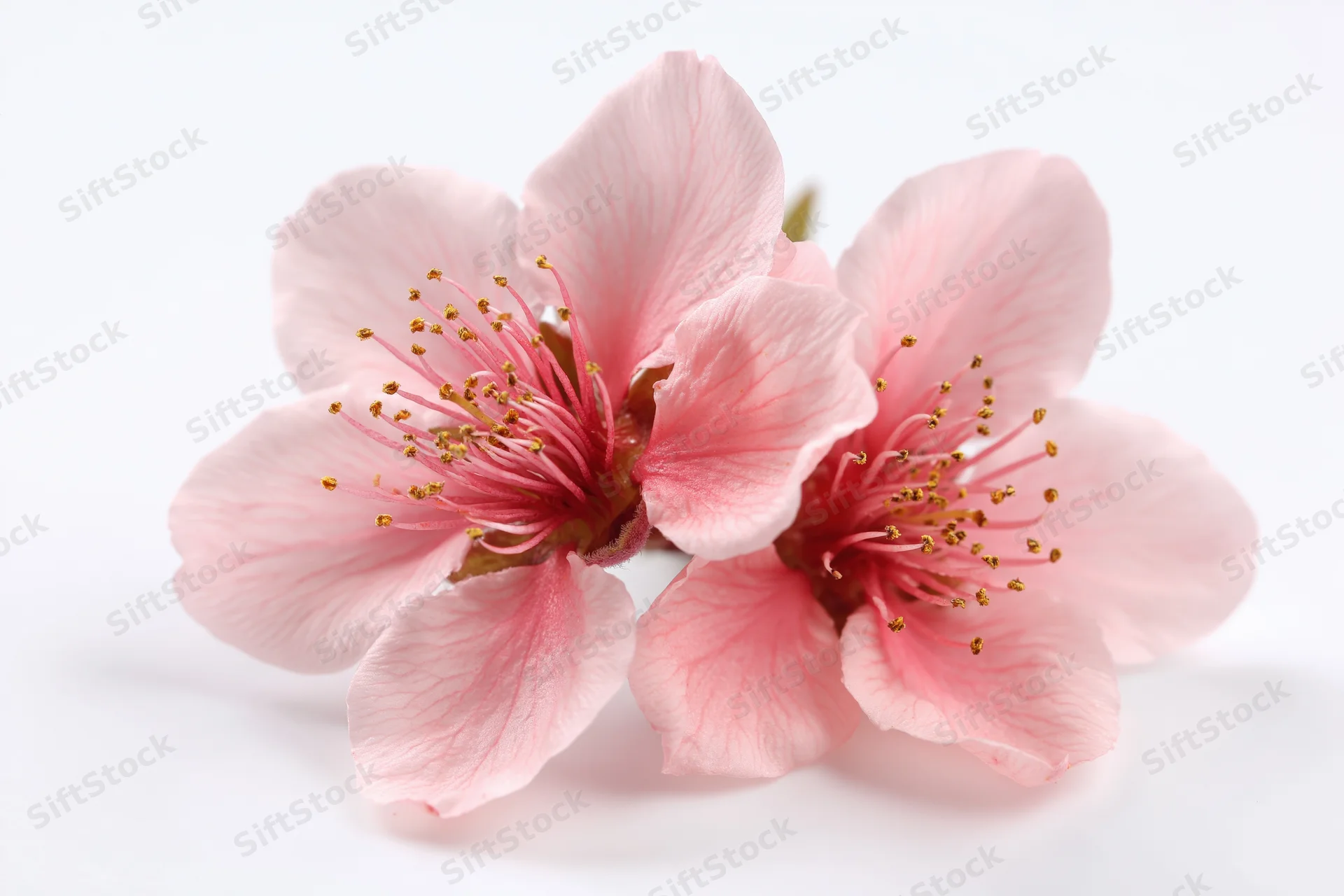 Two peach blossom flowers clustered together on a white background